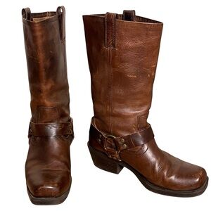 Vintage Brown Leather Harness Moto Boots Square Toe Distressed | Mossimo | 9.5